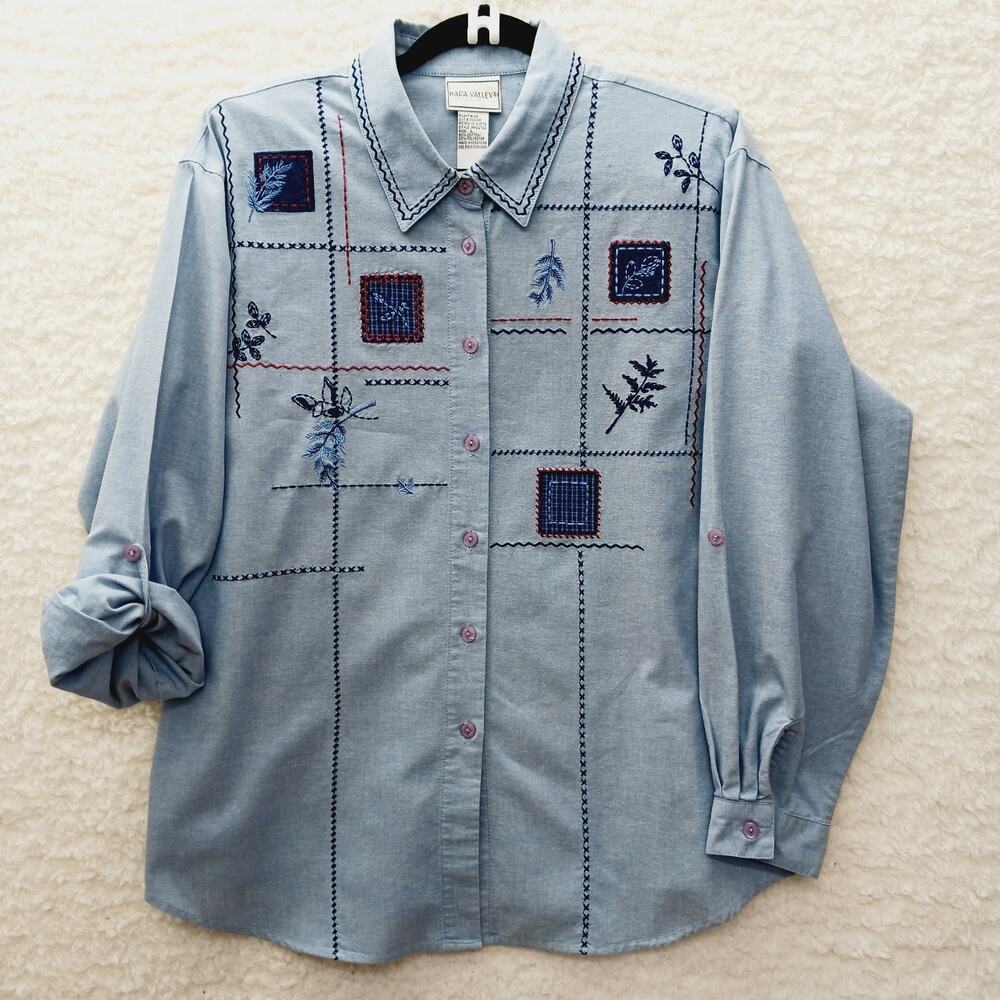 Blouse Button Up Blue VTG 90s Embroidered Applique Cottagecore Boho Artsy Size L